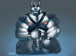  abs anthro baeo_(artist) bdsm belly biceps big_biceps black_nose blue_eyes bondage bondage_gear bound bracelet canine clenched_teeth clothed clothing collar cursedmarked dog front_view fur grey_fur hi_res jewelry kneeling lock looking_at_viewer male mammal manly mature_male muscular muscular_male nipples one_eye_closed pecs relaxing simple_background smile solo spread_legs spreading teeth topless underwear white_fur 