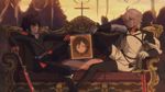  all_male black_hair blonde_hair couch cross fcc horns hyakuya_mikaela hyakuya_yuuichirou male owari_no_seraph red_eyes short_hair sword weapon 