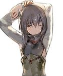  arms_up brown_eyes brown_hair commentary_request flat_chest hair_between_eyes headgear kantai_collection kawaguchi_(mojacome) long_sleeves looking_at_viewer lowres one_eye_closed ribbon shaded_face short_hair sidelocks solo stretch taihou_(kantai_collection) upper_body 