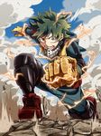  blue_sky boku_no_hero_academia clenched_hand cloud day freckles gloves green_hair grin looking_at_viewer male_focus midoriya_izuku outdoors red_footwear shoes sky smile solo xxxenoki 