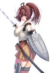  bangs breasts brown_hair brown_skirt cowboy_shot eyebrows eyebrows_visible_through_hair from_side hair_between_eyes hair_intakes hair_ribbon highres holding holding_shield holding_sword holding_weapon holster ise_(kantai_collection) japanese_clothes kantai_collection katana large_breasts long_hair long_sleeves looking_at_viewer masao miniskirt ponytail ribbon sheath shield shirt short_over_long_sleeves short_sleeves simple_background skirt solo sword thigh_holster thigh_strap undershirt weapon white_background white_shirt yellow_eyes 