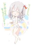  :d ^_^ barefoot beach bikini blush breasts chibi closed_eyes food frilled_bikini frills from_side full_body hand_on_own_cheek innertube kantai_collection kashima_(kantai_collection) medium_breasts open_mouth sino_(sionori) smile solo standing swimsuit translation_request twintails underboob 