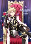  2016 armor armored_boots artist_name blonde_hair boots cape character_name dated fire_emblem fire_emblem_if fur_trim fuzuki_yuu happy_birthday holding holding_staff leon_(fire_emblem_if) male_focus petals red_eyes sitting solo staff throne 