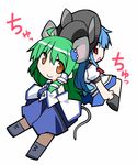  :&gt; animal_ears back-to-back blue_hair blush chibi frog_hair_ornament green_hair hair_ornament hat hemogurobin_a1c hinanawi_tenshi kemonomimi_mode kochiya_sanae mouse_ears mouse_tail multiple_girls open_mouth pantyhose red_eyes snake_hair_ornament tail touhou yellow_eyes 