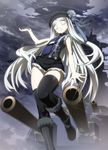  aoki_hagane_no_arpeggio beret black_footwear black_legwear boots closed_eyes from_below fur-trimmed_boots fur_boots fur_trim hat highres knee_boots long_hair military military_vehicle musashi_(aoki_hagane_no_arpeggio) necktie nyoro_(nyoronyoro000) ship short_shorts shorts silver_hair smile solo suspenders thighhighs turret warship watercraft white_skin 
