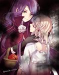  2girls age_difference apple back blonde_hair cordelia_(diabolik_lovers) curly_hair diabolik_lovers eyes_closed flower from_behind green_eyes hair_ornament hairpin hand_on_another&#039;s_head ichinose_(sorario) komori_yui looking_at_another multiple_girls petite purple_hair rose size_difference sleepwear smile snow_white_(cosplay) twitter_username vampire very_long_hair white_rose yuri 