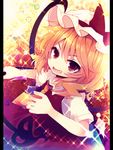 ascot beni_shake blonde_hair bow fang flandre_scarlet hat hat_bow laevatein mob_cap red_eyes solo sparkle touhou 