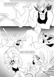 arm_wrestling black_and_white breasts captainjingo english_text eye_patch eyewear female fight fish frown hair headlock human male mammal marine monochrome monster open_mouth punch suplex text undertale undyne video_games 