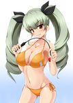  akaneman alternate_breast_size anchovy bad_id bad_pixiv_id bare_shoulders bikini black_ribbon blush breasts collarbone drill_hair girls_und_panzer green_hair hair_ribbon long_hair looking_at_viewer orange_bikini red_eyes ribbon riding_crop smile solo swimsuit twin_drills twintails 