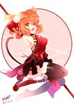  2016 ahoge blush boots breasts cat_tail chinese_clothes dated fate/grand_order fate_(series) flower fujimaru_ritsuka_(female) full_body hair_flower hair_ornament large_breasts orange_hair puyue solo tail thighhighs thighs two_side_up yellow_eyes 