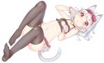  :o animal_ears anna_(sennen_sensou_aigis) bell bell_choker black_legwear bow bra breasts cat_cutout cat_ears cat_lingerie cat_tail choker cleavage_cutout collarbone convenient_leg full_body gloves hair_bow headband highres jingle_bell kemonomimi_mode legs_up looking_at_viewer lying meme_attire mokyu navel no_shoes on_back open_mouth paw_pose red_eyes sennen_sensou_aigis short_hair silver_hair simple_background small_breasts solo tail thighhighs underwear white_background white_gloves younger 