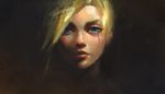  black_background blonde_hair blue_eyes crying dark_background face lips looking_at_viewer mechanical_halo mercy_(overwatch) nose overwatch portrait realistic skyfiss solo streaming_tears tears 
