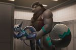  2016 anthro badger breasts clothing cum cyan_eyes duo female fish locker_room male male/female mammal marine messy monds musclegut mustelid nika_sharkeh nipples penetration red_eyes shark shirt vaginal vaginal_penetration 