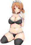  belly black_panties blush bra breasts brown_eyes brown_hair gloves idolmaster idolmaster_cinderella_girls large_breasts maid_bikini maid_headdress mimura_kanako navel panties plump ryuu. short_hair simple_background skindentation smile solo underwear white_gloves 