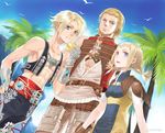  2boys :t abs basch_fon_ronsenburg bird blonde_hair blue_eyes blue_sky day final_fantasy final_fantasy_xii jewelry looking_at_viewer multiple_boys necklace palm_tree penelo raven_(ambrosia) scar sky tree vaan vest 