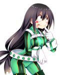  :&gt; :p asui_tsuyu bangs belt black_eyes black_hair blush_stickers bodysuit boku_no_hero_academia boots breasts chikuwa_savi closed_mouth cowboy_shot eyelashes finger_to_mouth gloves goggles goggles_on_head green_bodysuit hair_between_eyes hair_rings holding long_hair looking_away looking_up low-tied_long_hair medium_breasts shiny shiny_clothes simple_background solo thigh_boots thighhighs tongue tongue_out turtleneck very_long_hair white_background 