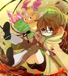  archfiend_marmot_of_nefariousness aussa bad_id bad_pixiv_id brown_eyes brown_hair coat duel_monster glasses monako_(motapotan) shoes short_hair smile staff yuu-gi-ou 