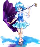  blue_hair commentary_request geta gimicalmas heterochromia juliet_sleeves karakasa_obake long_sleeves puffy_sleeves solo tatara_kogasa touhou umbrella vest 