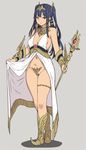  black_hair bracer breasts circlet cleavage egyptian_clothes egyptian_mythology full_body hair_tubes heterochromia highres horus_(houtengeki) houtengeki long_hair looking_at_viewer medium_breasts navel original quad_tails red_eyes revealing_clothes sidelocks solo staff twintails yellow_eyes 