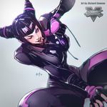  bodysuit drill_hair eyepatch eyepatch_removed han_juri impossible_bodysuit impossible_clothes looking_at_viewer one_eye_closed purple_bodysuit purple_eyes richard_suwono solo street_fighter street_fighter_v tongue tongue_out twin_drills 
