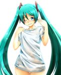  baretto_(karasi07) blue_eyes blue_hair collarbone hair_ornament hatsune_miku highres long_hair looking_at_viewer one_eye_closed shirt simple_background solo twintails vocaloid wet wet_clothes wet_shirt white_background white_shirt 