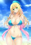  atago_(kantai_collection) beach beret bikini bikini_under_clothes blonde_hair blush breasts green_eyes hat highres kantai_collection large_breasts long_hair smile solo swimsuit swimsuit_under_clothes the-sinner 