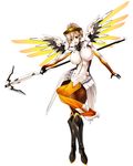  black_footwear blonde_hair blue_eyes bodysuit boots breasts brown_legwear crossed_legs full_body gen_(genetrix) gloves high_ponytail holding holding_staff knee_boots large_breasts looking_at_viewer mechanical_halo mechanical_wings mercy_(overwatch) outstretched_arm overwatch pantyhose ponytail simple_background smile solo spread_wings staff standing white_background wings yellow_wings 