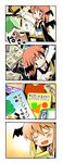 4koma :d :o bat_wings blush_stickers book bookshelf chibi closed_eyes collared_shirt comic commentary_request dress_shirt dropping head_wings holding holding_book koakuma ladder library necktie open_book open_mouth red_hair red_neckwear shirt skirt skirt_set smile touhou translated ushiro_hayahiro vest voile white_shirt wings 
