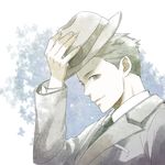  black_neckwear brown_eyes brown_hair formal hat hat_tip instagram_username joker_game k0mk0mk0m looking_at_viewer male_focus md5_mismatch necktie odagiri_(joker_game) smile solo suit trilby 