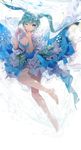  ;d air_bubble artist_name bare_legs barefoot blue_dress blue_eyes blue_hair bow breasts bubble cleavage dress eyebrows eyebrows_visible_through_hair finger_to_mouth frilled_sleeves frills full_body green_bow grin hatsune_miku highres large_breasts light_reflection_(water) long_hair looking_at_viewer one_eye_closed open_mouth puffy_short_sleeves puffy_sleeves short_sleeves smile solo striped striped_bow submerged sukja teeth twintails underwater very_long_hair vocaloid water 