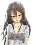  baretto_(karasi07) black_bra black_hair bra collarbone green_eyes hair_between_eyes highres idolmaster idolmaster_cinderella_girls long_hair see-through shibuya_rin shirt simple_background solo underwear wet wet_clothes wet_shirt white_background white_shirt 