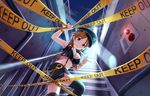  artist_request bracelet breasts brown_eyes brown_hair bustier caution_tape cleavage cropped_vest cuffs earrings handcuffs hat idolmaster idolmaster_cinderella_girls idolmaster_cinderella_girls_starlight_stage jewelry katagiri_sanae keep_out large_breasts midriff navel official_art parted_lips pointing smile solo stairs thighhighs 