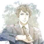  black_neckwear brown_hair formal grey_eyes instagram_username joker_game k0mk0mk0m katana looking_at_viewer male_focus md5_mismatch necktie pocket sakuma_(joker_game) solo suit sword weapon 