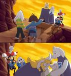  anthro asgore_dreemurr asriel_dreemurr boss_monster caprine clothed clothing crying facial_hair goat horn human lifting mammal papyrus_(undertale) protagonist_(undertale) sans_(undertale) sunset tc-96 tears toriel undertale video_games 