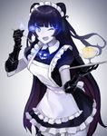  ;d alternate_costume apron black_hair blue_eyes blush double_bun enmaided food gauntlets glowing glowing_eyes ice_cream kantai_collection light_cruiser_oni long_hair looking_at_viewer maid maid_headdress one_eye_closed open_mouth shinkaisei-kan smile solo spoon tray weasel_(close-to-the-edge) white_skin 