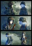  3koma backlighting backpack bag blonde_hair comic commentary dirty_face erica_(naze1940) essenbehalter expressionless food gun helmet highres load_bearing_equipment m1_carbine md5_mismatch mess_kit military military_uniform multiple_girls original rifle shocked_eyes soldier soup stahlhelm steam sunrise surprised uniform walking weapon world_war_ii 