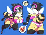  anthro arthropod bee big_breasts black_hair blue_background breasts clothing eyewear female freckles glasses hair insect panties pink_eyes shenanimation simple_background smile solo speech_bubble underwear wings 