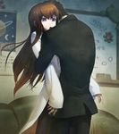  1girl black_hair blue_eyes brown_hair calendar_(object) highres hug huke indoors labcoat long_hair makise_kurisu official_art okabe_rintarou open_mouth pantyhose steins;gate steins;gate_0 whiteboard 