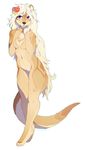  2016 anthro black_nose blue_eyes breasts brown_fur brown_hair featureless_breasts featureless_crotch female flower fur hair heterochromia hioshiru long_hair looking_at_viewer mammal mustelid navel nude open_mouth otter plant purple_eyes simple_background smile solo teeth tongue white_background 
