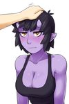  bare_shoulders black_hair black_shirt blush breasts cleavage collarbone horns ittla monster_girl oni original out_of_frame petting pointy_ears purple_skin shirt short_hair slit_pupils solo_focus tank_top ume_(ittla) upper_body wavy_mouth yellow_eyes 