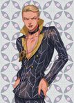  bad_id bad_pixiv_id bare_chest blonde_hair blue_eyes choker daifukumochi_(qquuiieett) hands_on_hips highres jewelry jojo_no_kimyou_na_bouken male_focus necklace open_mouth prosciutto solo suit_jacket teeth upper_body 