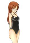  arms_behind_back baretto_(karasi07) black_swimsuit breasts brown_eyes brown_hair cleavage collarbone glasses highres long_hair looking_at_viewer medium_breasts one-piece_swimsuit original simple_background solo swimsuit white_background 