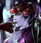  black_gloves bodysuit breasts center_opening cleavage earrings ears eyelashes finger_licking gloves head_mounted_display highres jewelry large_breasts licking licking_lips lips long_hair looking_at_viewer overwatch pink_bodysuit ponytail purple_hair purple_skin sideways_glance smile solo stud_earrings tongue tongue_out upper_body visor widowmaker_(overwatch) yaya_(shizuku) yellow_eyes 