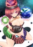  areola_slip areolae breasts bursting_breasts chain cleavage clothes_writing collar covered_nipples earth_(ornament) hecatia_lapislazuli kneeling large_breasts long_hair miniskirt moon_(ornament) moura_(kenyuugetu) multicolored multicolored_clothes multicolored_skirt no_bra panties partially_undressed red_eyes red_hair sitting skirt solo thick_thighs thighs touhou underwear unzipped wariza white_panties 