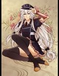  animal_ears ankle_boots armor bishounen black_legwear boots commentary_request cosplay crossdressing dianthus double-breasted dress floral_background flower flower_knot fox_boy fox_ears full_body hat highres japanese_armor karuta410 kogitsunemaru kote long_hair looking_at_viewer low-tied_long_hair male_focus midare_toushirou midare_toushirou_(cosplay) necktie pillarboxed red_eyes shoulder_armor sitting smile sode solo tassel thighhighs touken_ranbu very_long_hair white_footwear white_hair 