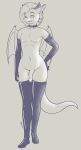  2018 anthro armwear balls biped clothing collar digital_media_(artwork) dragon elbow_gloves eyebrows flaccid foreskin front_view girly gloves grey_background greyscale hair hand_on_hip hi_res horn humanoid_penis legwear looking_at_viewer male membranous_wings monochrome mostly_nude navel nipples penis rubber scalie signature simple_background skipsy solo standing stockings thigh_highs uncut wings 