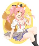  alternate_costume alternate_hairstyle animal_ears black_legwear blush breasts cleavage fang fate/extella fate/extra fate_(series) fox_ears fox_tail highres large_breasts necktie open_clothes open_mouth open_shirt pink_hair riku_(apple_snow27) school_uniform shirt solo tail tamamo_(fate)_(all) tamamo_jk_(fate) twintails yellow_eyes 