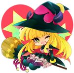  bad_id bad_pixiv_id bangs blonde_hair bow broom cape dress duel_monster ghostrick_witch gloves hat horns long_hair looking_at_viewer monako_(motapotan) shoes solo star thighhighs witch_hat yellow_eyes yuu-gi-ou 