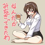  alcohol ashigara_(kantai_collection) bare_legs barefoot blush brown_eyes brown_hair cup dress_shirt drunk fang hairband indian_style kantai_collection looking_at_viewer nishi_koutarou open_mouth shirt sitting skirt smile solo translation_request 