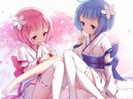  2girls aliasing barefoot blue_eyes blue_hair blush bow cropped flowers japanese_clothes loli petals pink_eyes pink_hair ram_(re:zero) re:zero_kara_hajimeru_isekai_seikatsu rem_(re:zero) short_hair stockings tagme_(artist) twintails 